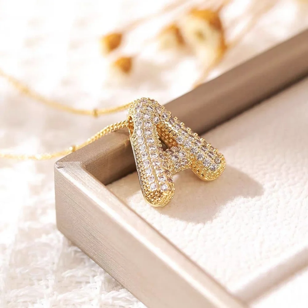 18k Gold Letter A Initial Necklace Micro-Set Zirconia Jewelry